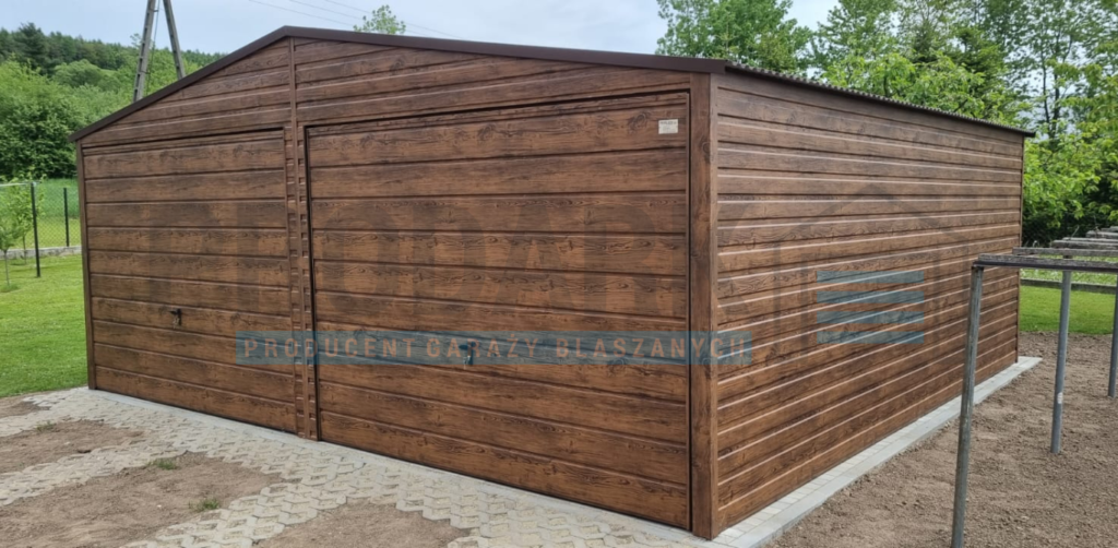Garaż blaszany 6×5 dwuspadowy ciemny orzech drewnopodobny PREMIUM