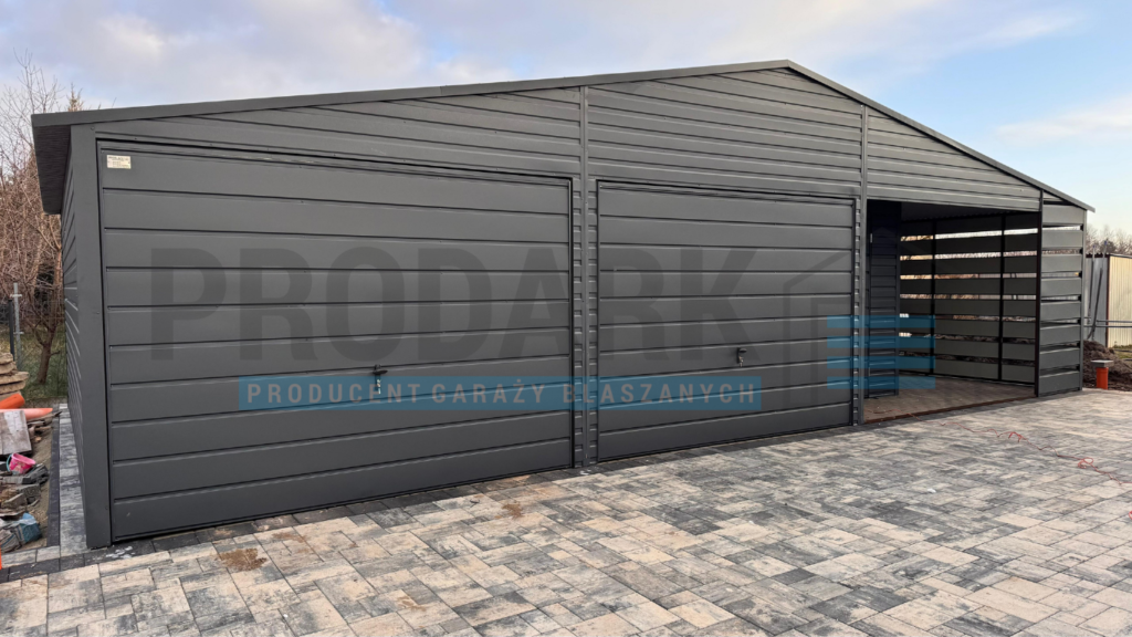 Garaż blaszany 10×6 DWUSPAD Z POMIESZCZENIEM GOSPODARCZYM+WIATA