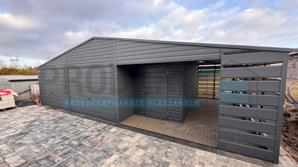 Garaż blaszany 10×6 DWUSPAD Z POMIESZCZENIEM GOSPODARCZYM+WIATA