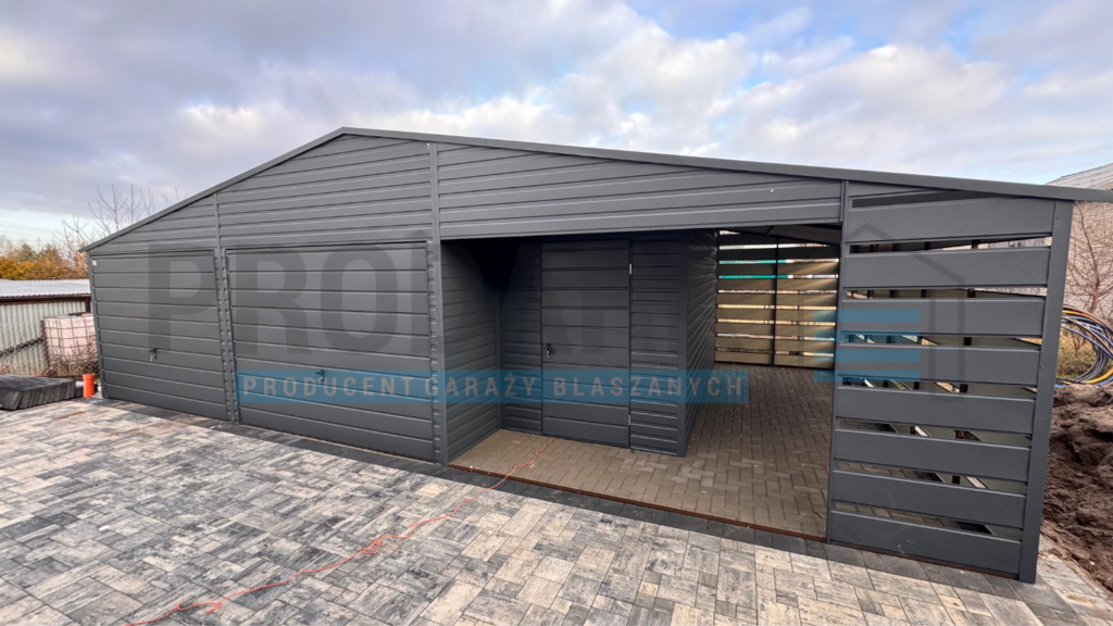 Garaż blaszany 10×6 DWUSPAD Z POMIESZCZENIEM GOSPODARCZYM+WIATA