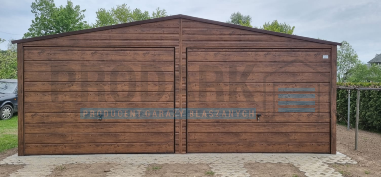 Garaż blaszany 6×5 dwuspadowy ciemny orzech drewnopodobny PREMIUM