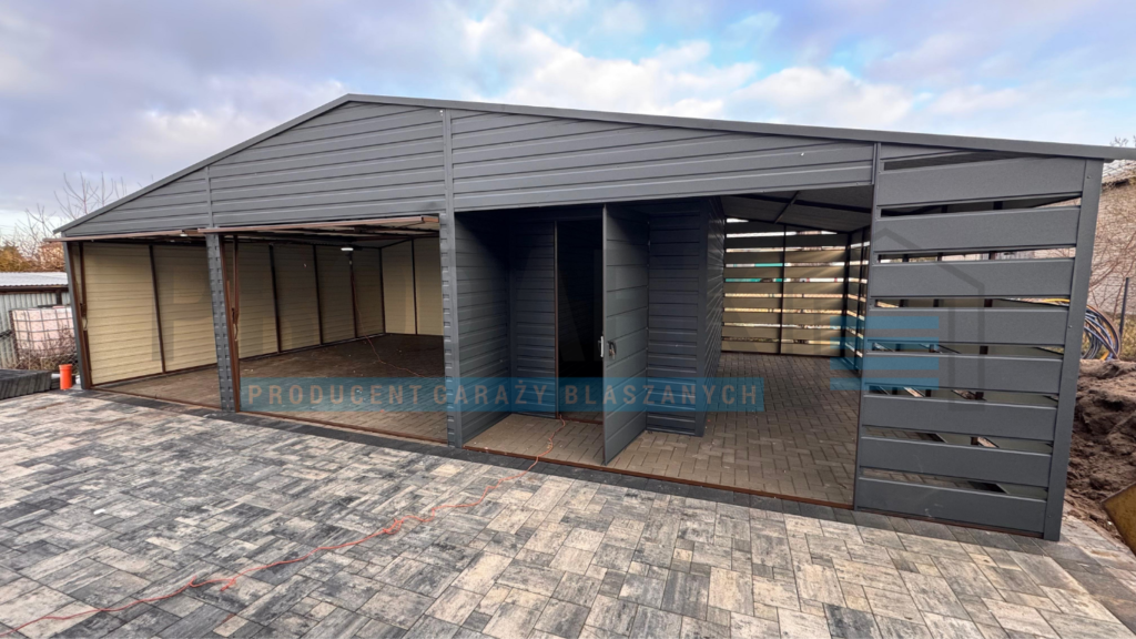 Garaż blaszany 10×6 DWUSPAD Z POMIESZCZENIEM GOSPODARCZYM+WIATA