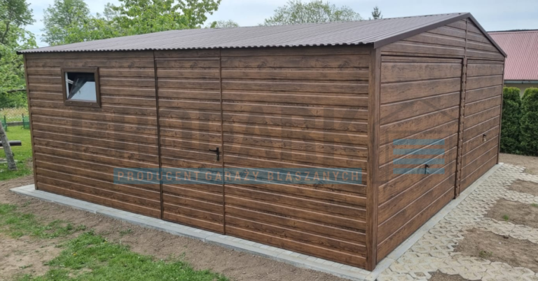 Garaż blaszany 6×5 dwuspadowy ciemny orzech drewnopodobny PREMIUM