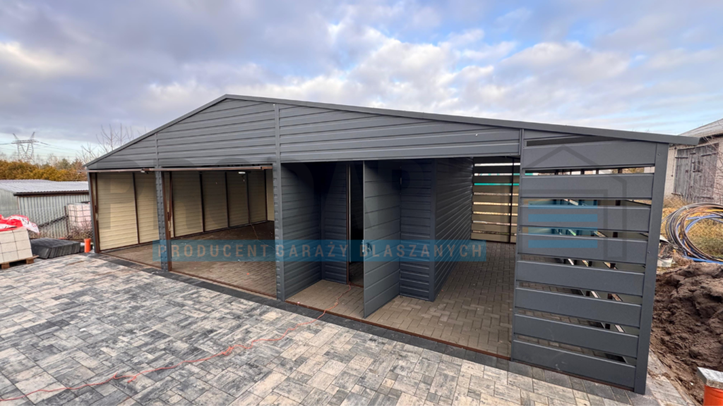 Garaż blaszany 10×6 DWUSPAD Z POMIESZCZENIEM GOSPODARCZYM+WIATA