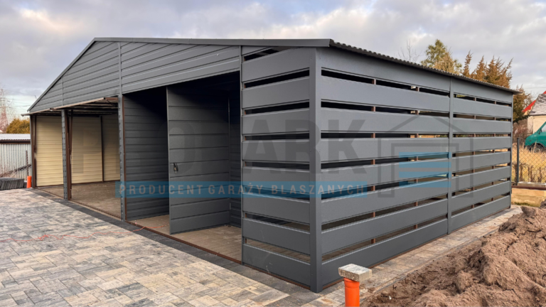 Garaż blaszany 10×6 DWUSPAD Z POMIESZCZENIEM GOSPODARCZYM+WIATA