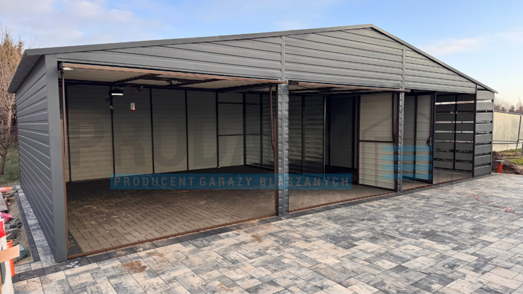 Garaż blaszany 10×6 DWUSPAD Z POMIESZCZENIEM GOSPODARCZYM+WIATA