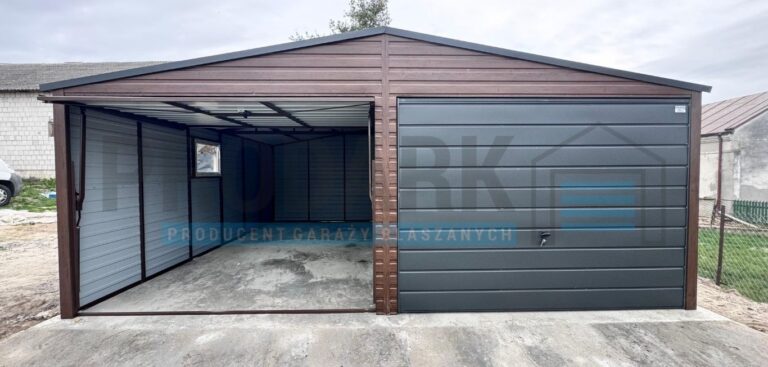 Garaż blaszany 6×5 dwuspadowy CIEMNY ORZECH PREMIUM