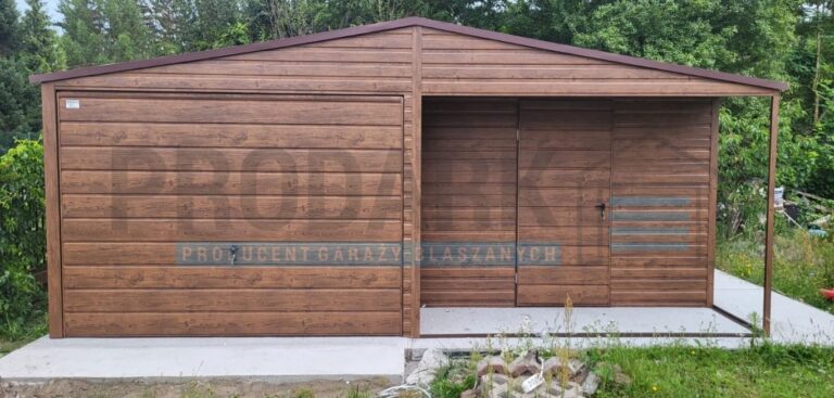Garaż blaszany 6×5 dwuspadowy drewnopodobny ciemnych orzech PREMIUM