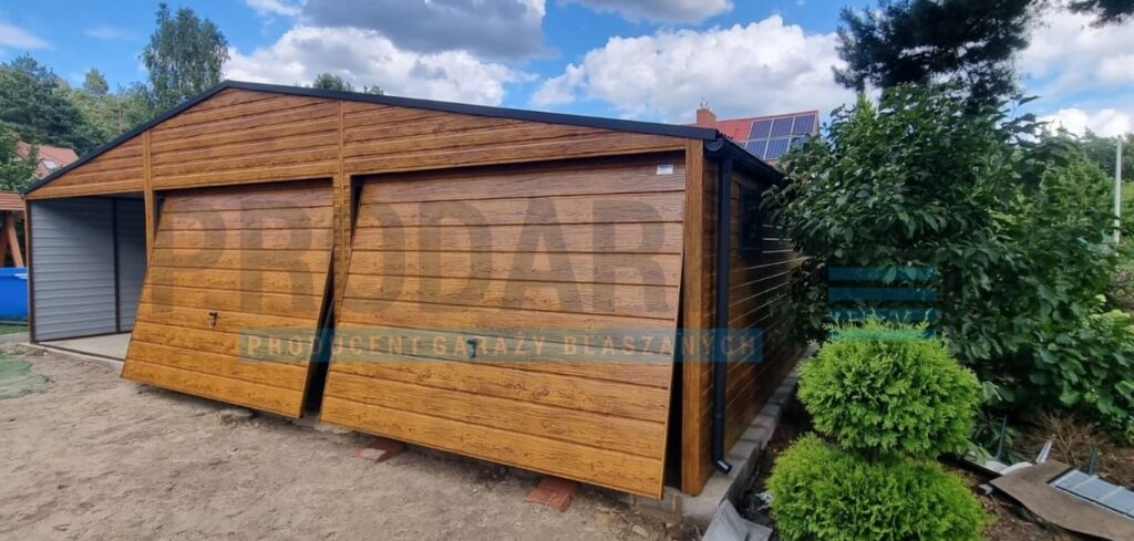 Garaż blaszany 9×6 dwuspadowy DREWNOPODOBNY PREMIUM