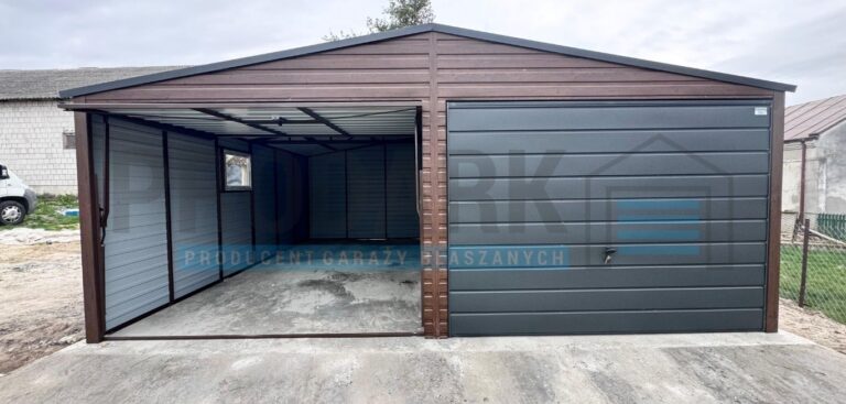 Garaż blaszany 6×5 dwuspadowy CIEMNY ORZECH PREMIUM