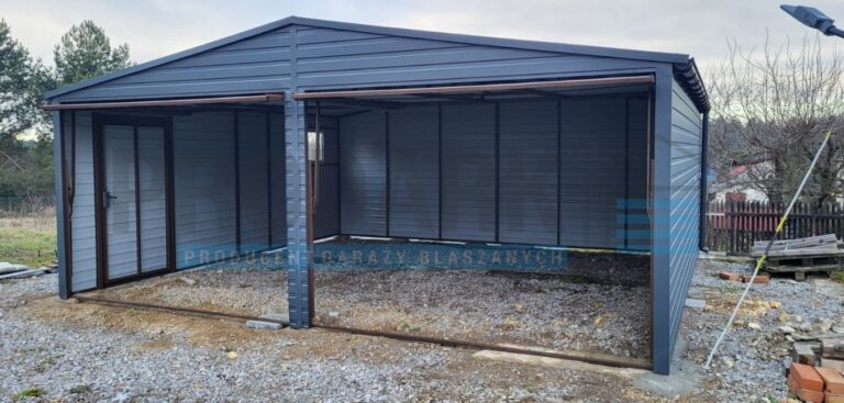 Garaż blaszany 6×5,5 dwuspadowy brama drewnopodobna GRAFIT PREMIUM