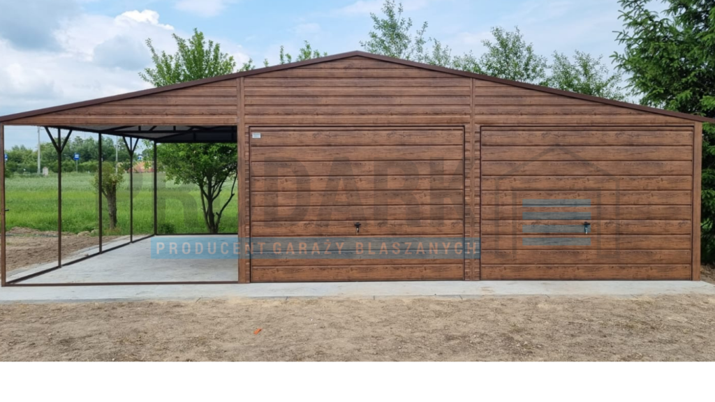 Garaż blaszany 6×5,8 DREWNOPODOBNY + 3m WIATA