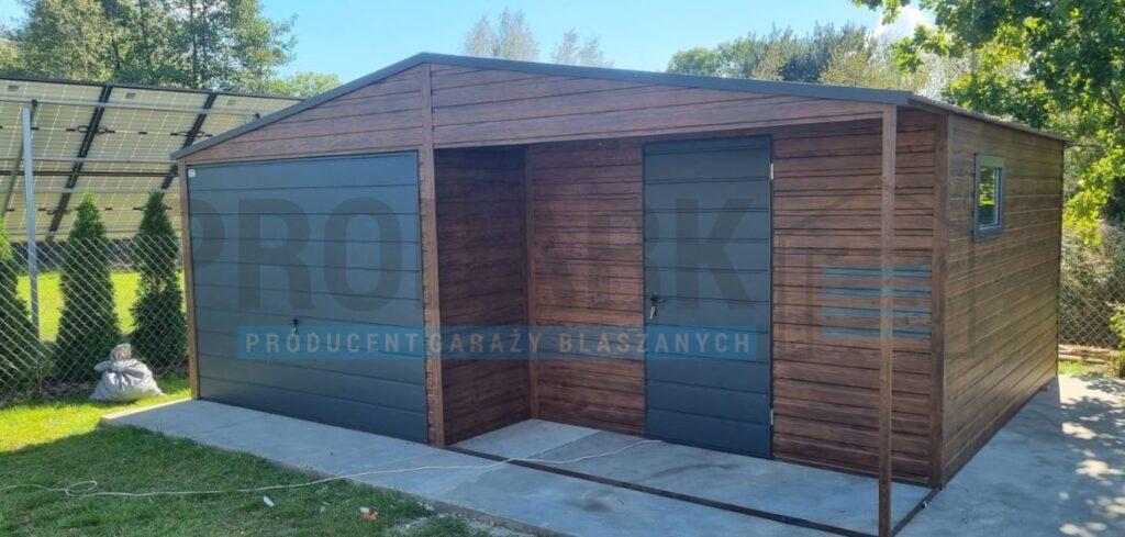 Garaż blaszany 6×5 DWUSPAD CIEMNY ORZECH Z WNĘKĄ