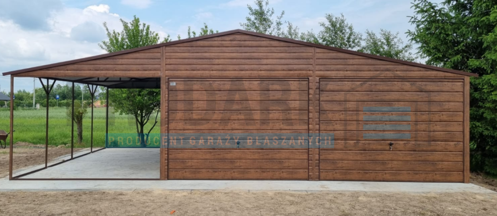 Garaż blaszany 6×5,8 DREWNOPODOBNY + 3m WIATA