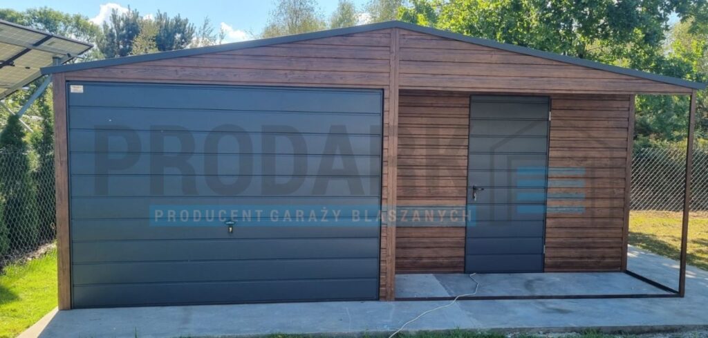 Garaż blaszany 6×5 DWUSPAD CIEMNY ORZECH Z WNĘKĄ