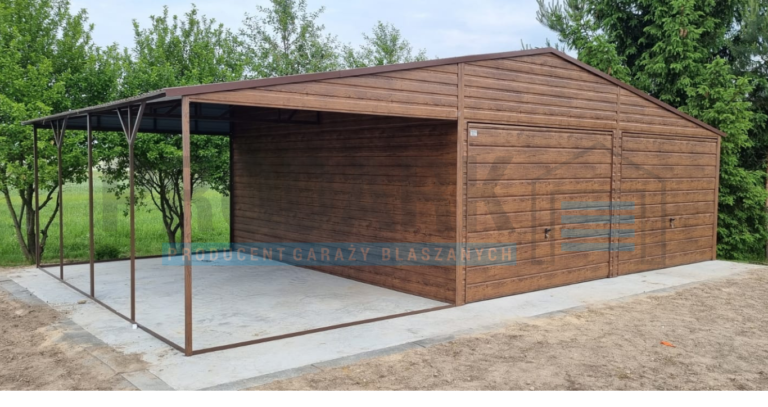 Garaż blaszany 6×5,8 DREWNOPODOBNY + 3m WIATA