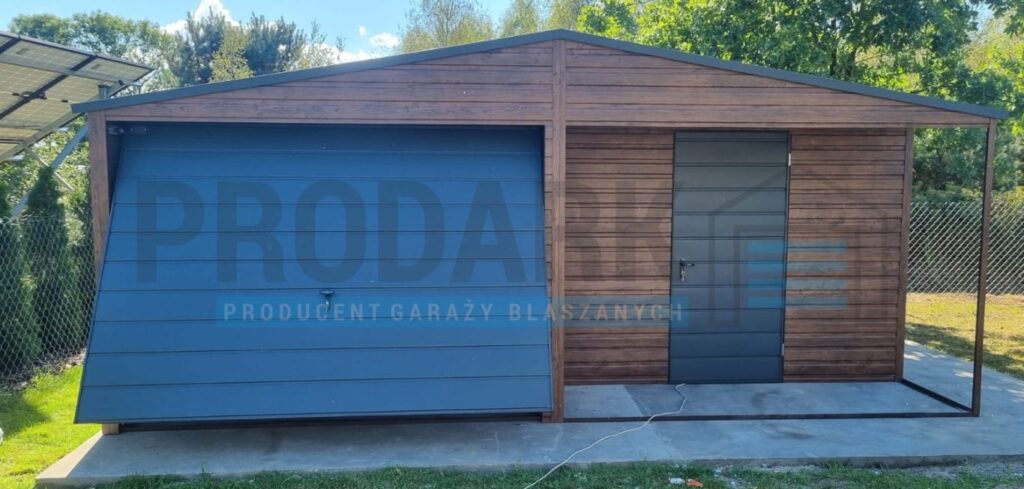 Garaż blaszany 6×5 DWUSPAD CIEMNY ORZECH Z WNĘKĄ
