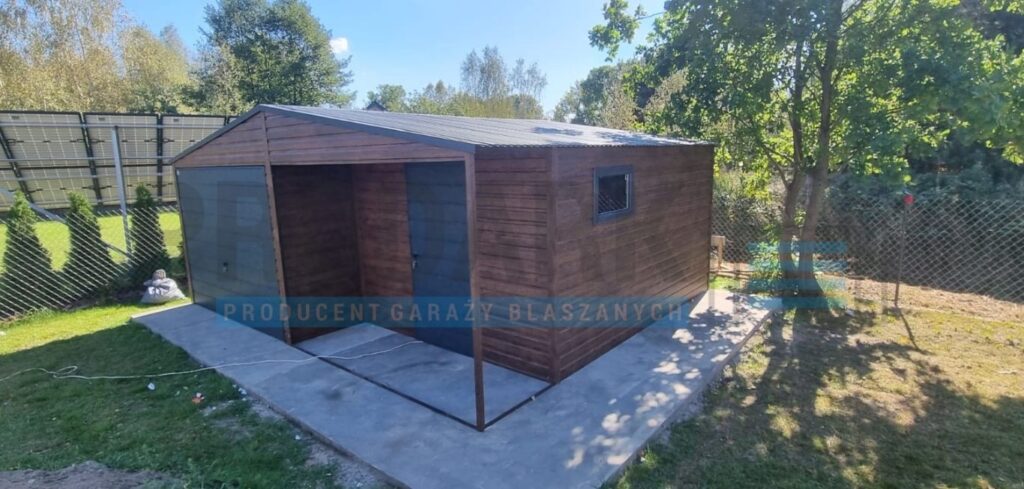 Garaż blaszany 6×5 DWUSPAD CIEMNY ORZECH Z WNĘKĄ