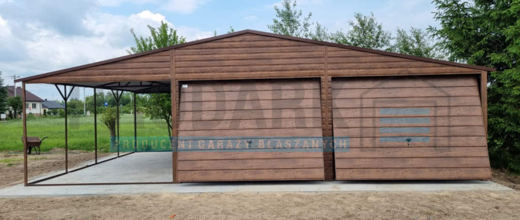 Garaż blaszany 6×5,8 DREWNOPODOBNY + 3m WIATA