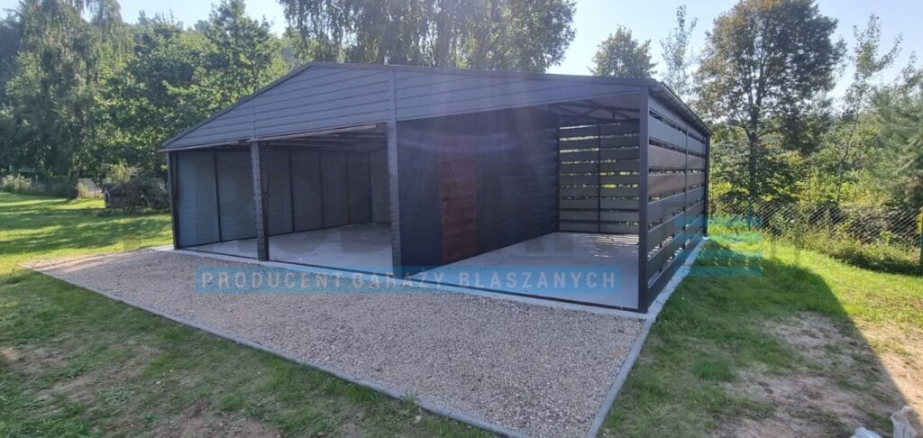 Garaż blaszany 9×6 DWUSPADOWY + WIATA Z PANELI